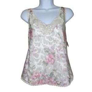 New Vintage 70s Lucie Ann II Floral Print Tank Top Camisole S Lace Trim USA Made